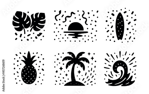 Tropical beach icons set – palm, sunset, surfboard, pineapple, wave, leaves. Vector icons set