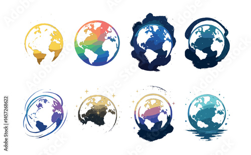 Fantasy earth silhouettes icons set – cosmic, colorful, night, starry, illumination. Vector icons set