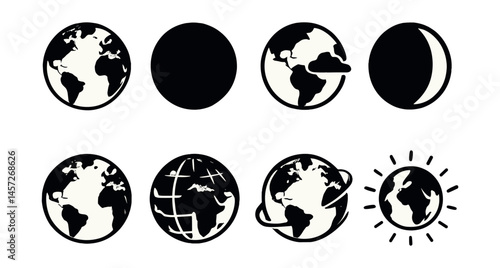 Earth silhouette icons set – globe, equator, hemisphere, planet, moon, orbit, light, night. Vector icons set
