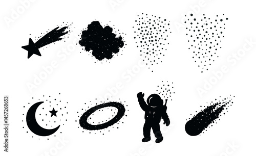 Outer space icons set – astronaut, star, meteor, galaxy, moon, cosmic dust. Vector icons set