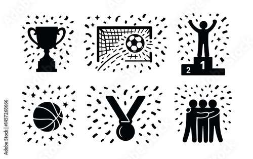 Sports victory icons set – trophy, goal, podium, medal, celebration, teamwork. Vector icons set