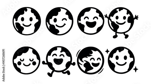Cheerful earth icons set – smiling, winking, happy, dancing, expressive faces, planet. Vector icons set