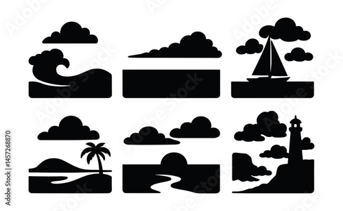 Oceanic silhouette icons set – waves, clouds, sailboat, sunset, lighthouse, palm. Vector icons set