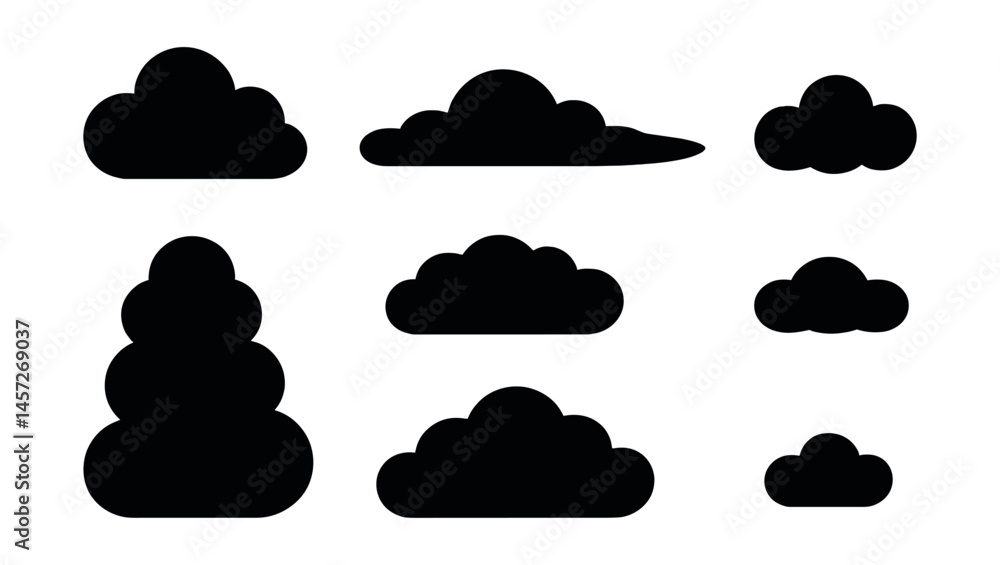 Cloud silhouettes icons set – puffy, cumulus, stratus, nimbus, minimalist. Vector icons set Cloud silhouettes icons set – puffy, cumulus, stratus, nimbus, minimalist. Vector icons set