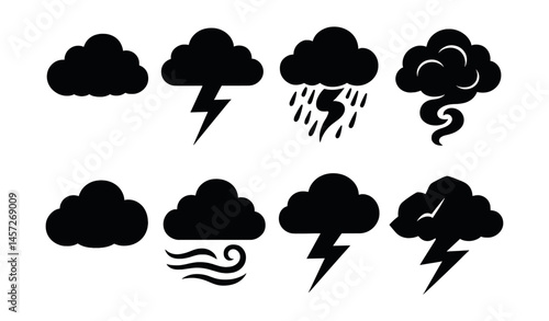 Stormy weather icon set – clouds, lightning, rain, wind, thunder, cyclone, storm. Vector icons set