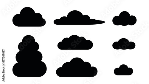 Cloud silhouettes icons set – puffy, cumulus, stratus, nimbus, minimalist. Vector icons set