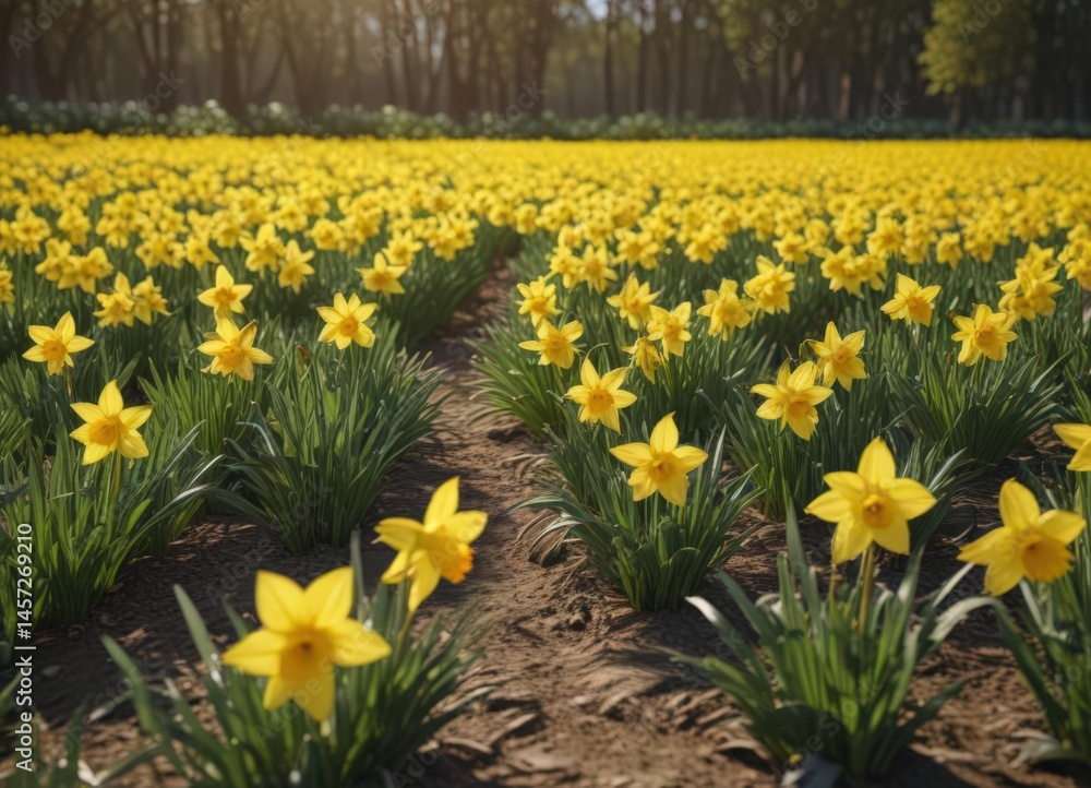 Fototapeta premium Sunlit daffodil field, vibrant yellow blooms, spring freshness, background, detail, photography