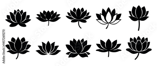 Ten unique black lotus flower vector silhouettes on a white background