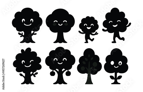 Cute cartoon tree icon set – smiling, dancing, simple silhouettes with faces. Vector icons set