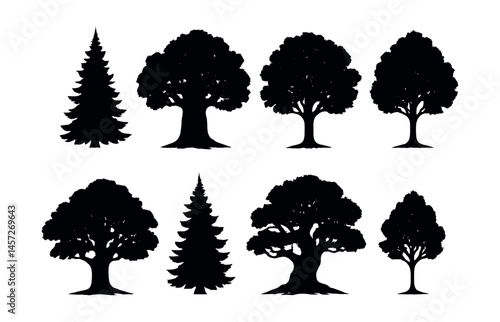 Forest tree silhouettes icon set – pine, oak, branches, foliage, conifer, shading, nature. Vector icons set