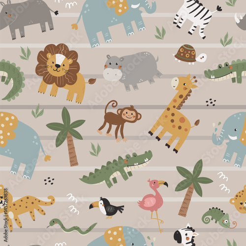 Seamless childish pattern with cute African animals.