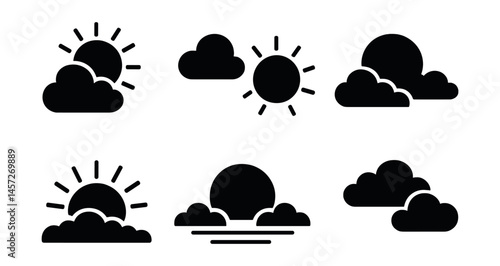 Weather theme icons set – sun, cloud, sunrise, sunset, overcast, partly sunny. Vector icons set