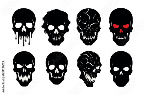 Eerie skull icons set – dripping, cracked, glowing, red eyes, gnarled patterns. Vector icons set