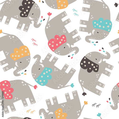 Vector seamless pattern with cute elephants.