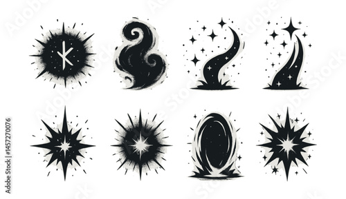 Mystical spark icons set – stars, swirls, vortex, portal, flame, magic, abstract, cosmic. Vector icons set