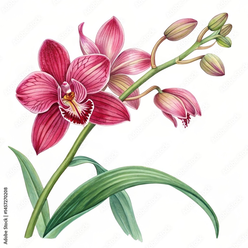 Fototapeta premium Elegant Orchid Blossom: Detailed Botanical Illustration of a Vibrant Pink Cymbidium, Symbolizing Beauty, Luxury, and Exotic Flora.