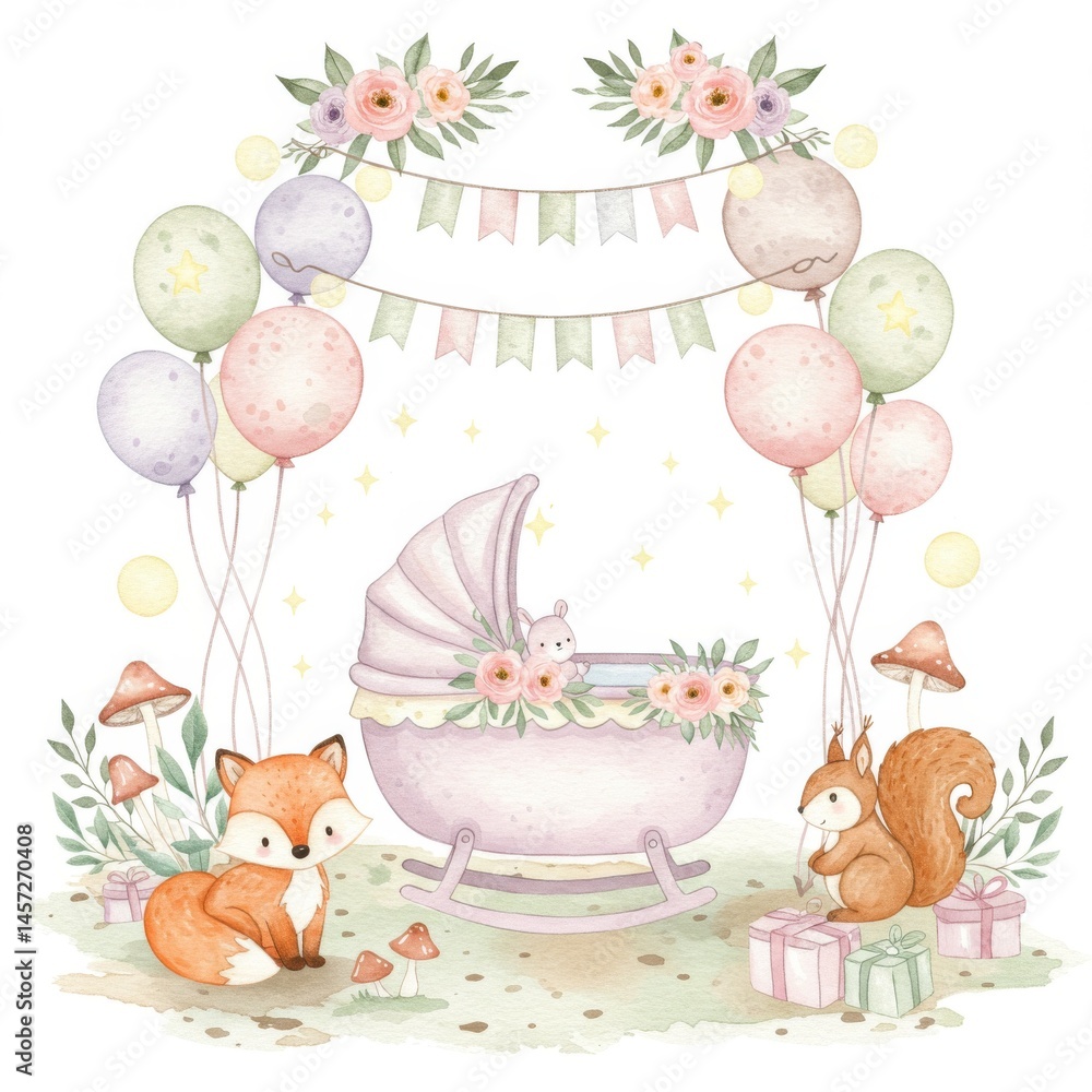 Fototapeta premium Pastel Watercolor Baby Shower with Fox and Squirrel