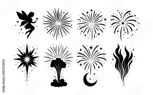 Magical fireworks and night sky icons set – fairy, fireworks, stars, moon, magic. Vector icons set