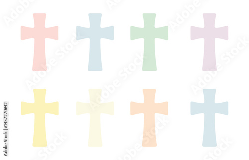 Pastel cross silhouettes icons set – spiritual, soft glow, subtle light, serenity, contemplation. Vector icons set