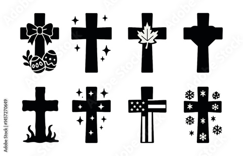 Holiday themed crosses icon set – easter, christmas, maple, sparkles, american, fire, snowflakes. Vector icons set