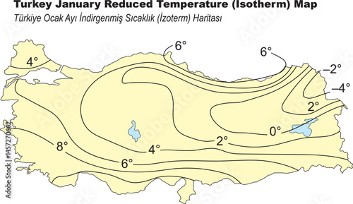 Reduced isotherm maps. January reduced isotherm map of Turkey. Vector illustration.
