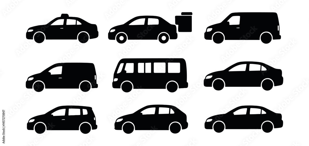 City transport icons set – taxi, bus, van, suv, sedan, limousine, hatchback, delivery, minivan. Vector icons set City transport icons set – taxi, bus, van, suv, sedan, limousine, hatchback, delivery, minivan. Vector icons set