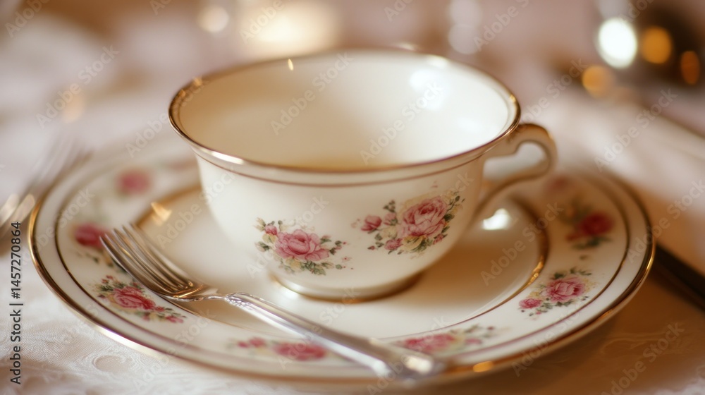 Elegant floral teacup and saucer setting on a white tablecloth Elegant floral teacup and saucer setting on a white tablecloth
