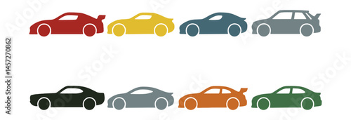 Silhouette sports cars icons set – coupe, hatchback, sedan, convertible, racing, classic. Vector icons set