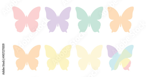 Pastel butterfly silhouettes set – delicate, colorful, soft, nature-inspired, elegant. Vector icons set