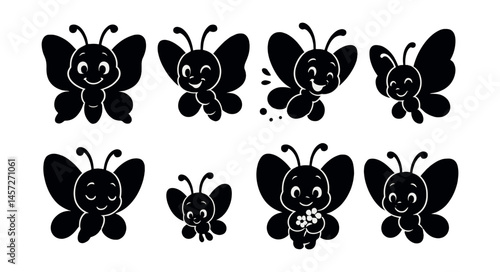 Cartoon butterfly silhouettes icon set – cute, playful, smiling, wings, antennae, expressions. Vector icons set