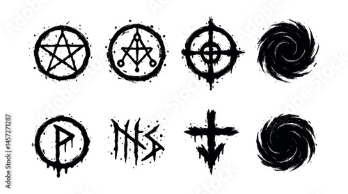Mystical blood magic icons set – symbols, pentagram, runes, circles, spirals, cross. Vector icons set