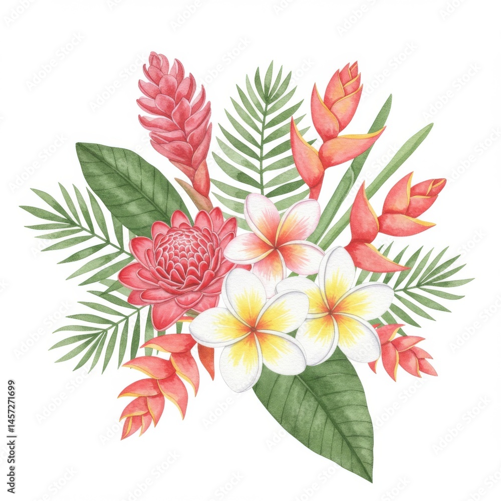 Obraz premium Watercolor Tropical Flower Bouquet with Red Pink White Blooms