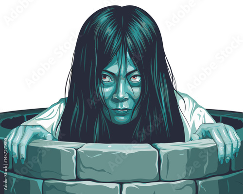 ghostly woman crawling out from an old Japanese stone well, long hair covering her face, horror-inspired vector, isolated on white
