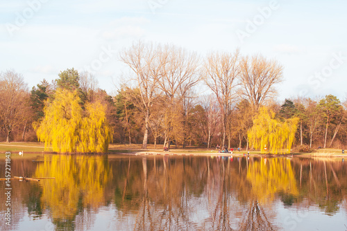 Serene autumn scene at Klenzepark with colorful willow trees and lake reflection in Ingolstadt, Bavaria, Germany
