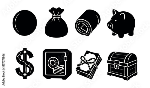 Elegant money icons set – coin, bag, roll, piggy, dollar, safe, cash, chest. Vector icons set