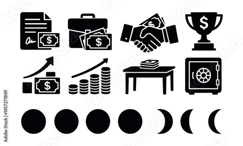 Finance and moon phases icons set – money, growth, handshake, trophy, safe, moon cycles. Vector icons set