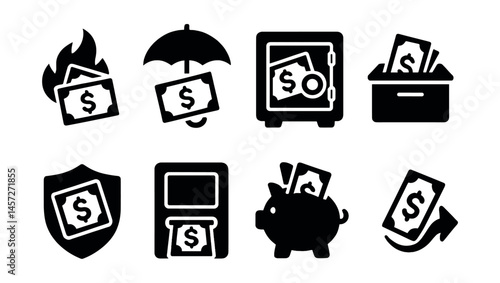 Emergency money icons set – fire, umbrella, safe, box, shield, atm, piggy bank, arrow. Vector icons set