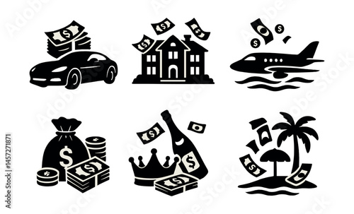 Luxurious lifestyle icon set – money, mansion, jet, car, island, wealth. Vector icons set