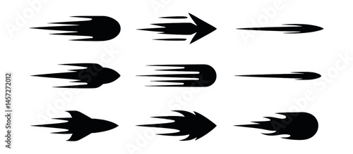 Speedy projectile icons set – arrow, rocket, comet, flame, dart, streak. Vector icons set