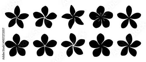 Ten Plumeria Flowers in Black and White, Silhouettes Against Plain Background