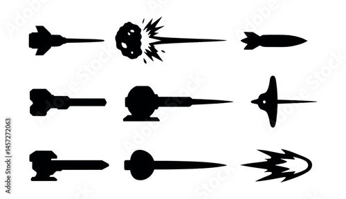 Silhouette space weaponry icons set – rocket, missile, laser, explosion, spaceship. Vector icons set