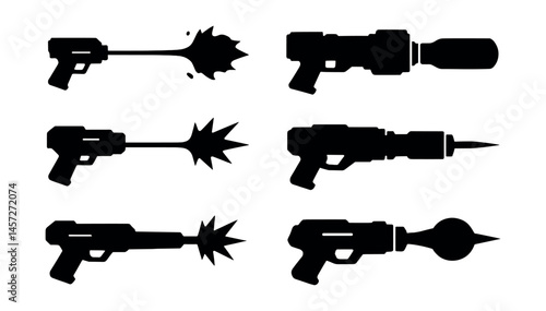 Futuristic weapon silhouettes icons set – blaster, laser, cannon, pistol, plasma. Vector icons set