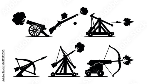 Historic weapon silhouettes icons set – cannon, rifle, catapult, trebuchet, ballista, bow. Vector icons set