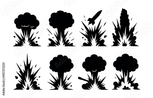 Military explosions icon set – blast, detonation, rocket, explosion, mushroom cloud, bomb burst. Vector icons set