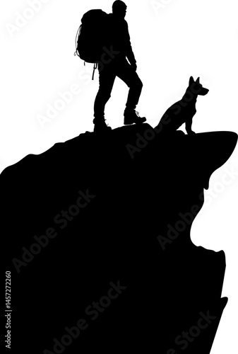 Vektor Silhouette - Wanderer mit Rucksack und Hund auf einem Felsen - Design Element isoliert