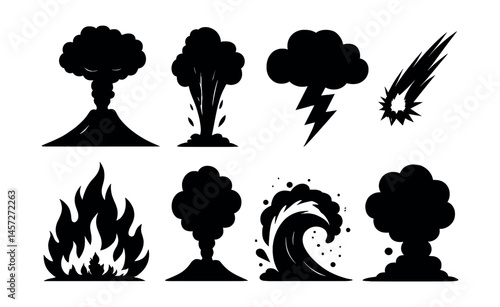 Natural explosion silhouettes icons set – volcano, eruption, lightning, meteor, wave. Vector icons set