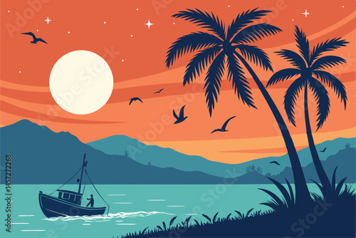 22 Tropical beach sunset and night scene, silhouette of fishing boat, palm trees, mountains in distance, vibrant orange and red sky, starry blue night sky, full moon reflection on water, birds flying,