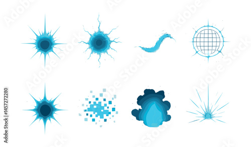 Futuristic energy icons set – burst, wave, pixel, glow, plasma, beam, spiral. Vector icons set