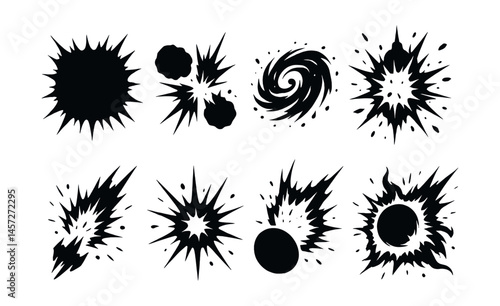 Cosmic explosion icons set – blast, supernova, shockwave, eruption, burst. Vector icons set