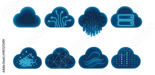 Futuristic tech cloud icons set - digital, circuit, database, network, grid, mesh. Vector icons set